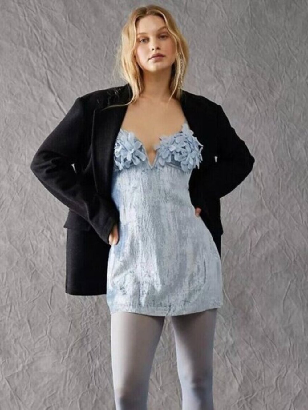 058 Free People Eva Mini Dress  powder blue crushed velvet  NWOT. Size 2